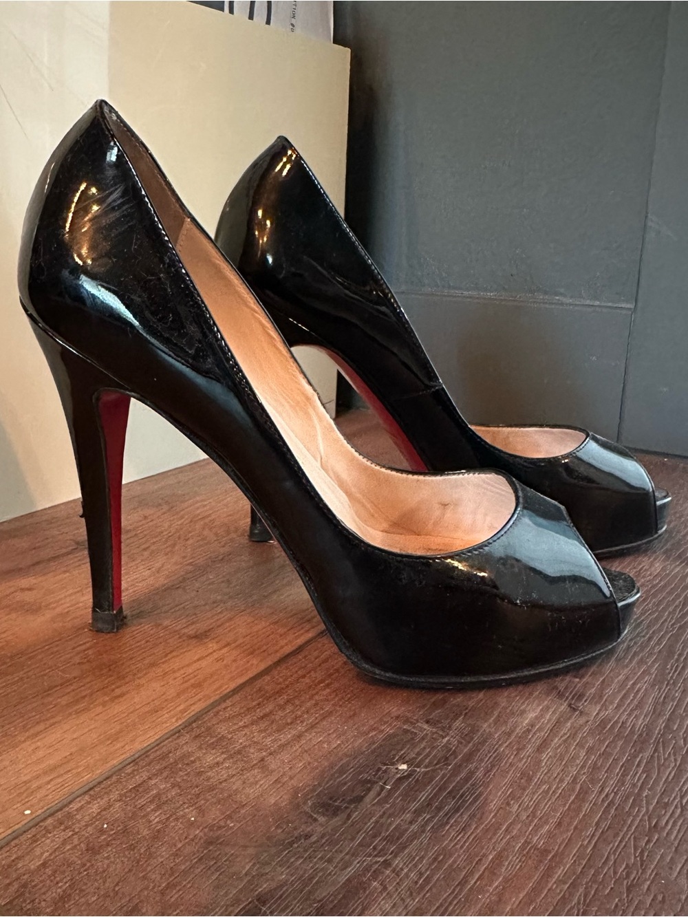 Christian Louboutin Very Privé Peep Toe Pumps Black Patent 120mm Size 36.5